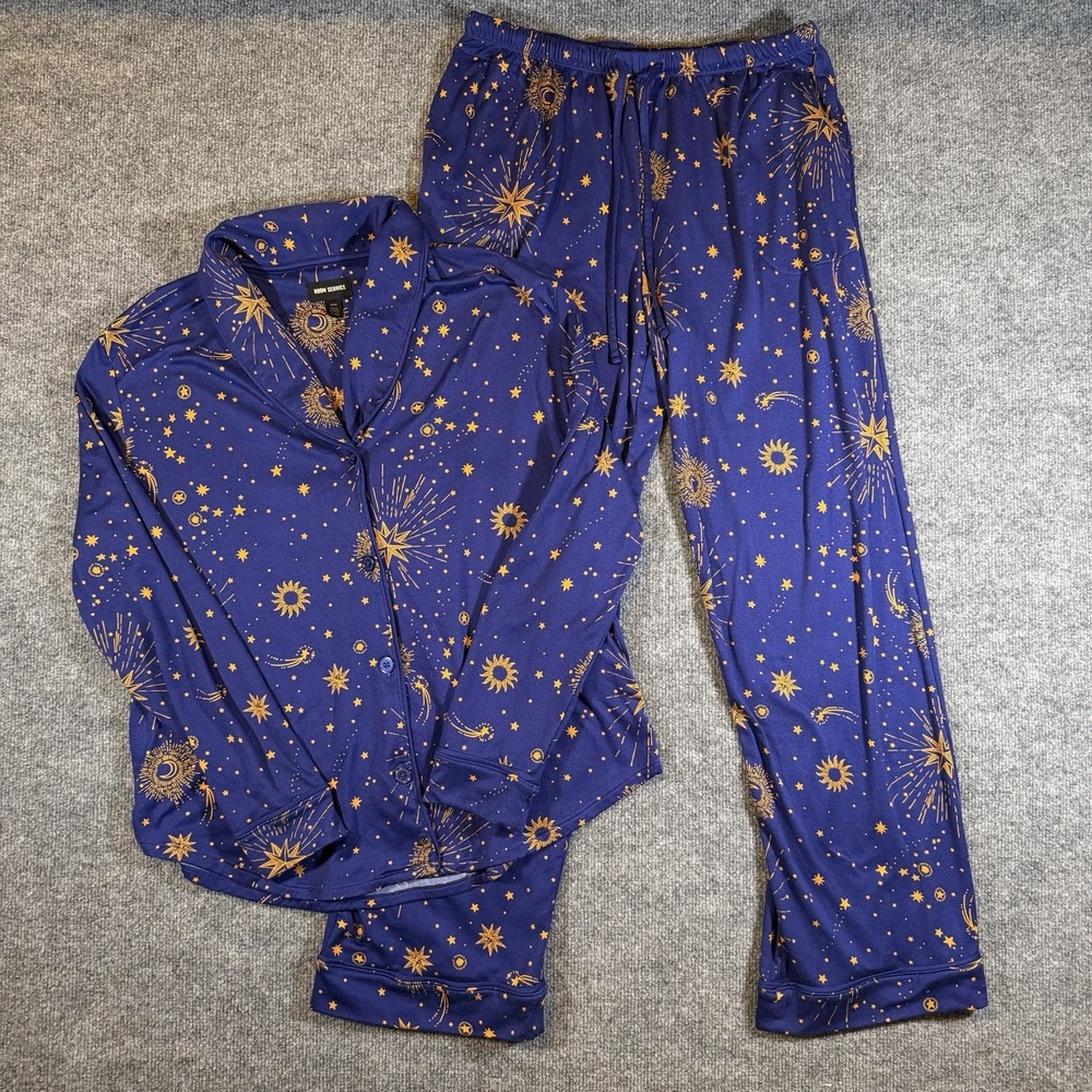 Room Service Pajama Set 2-Piece Shawl Collar Womens M Blue Celestial Loungewear